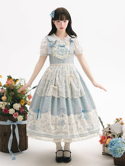 Blue Titmouse and Floral Print Lolita Jumper Skirt
