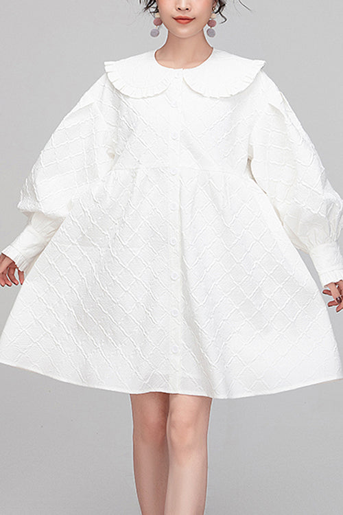 Plaid Jacquard Doll Collar Puff Sleeve OP