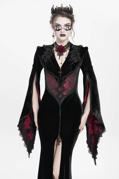 Trumpet Sleeve Floral Embroidered Velvet Gothic Dress