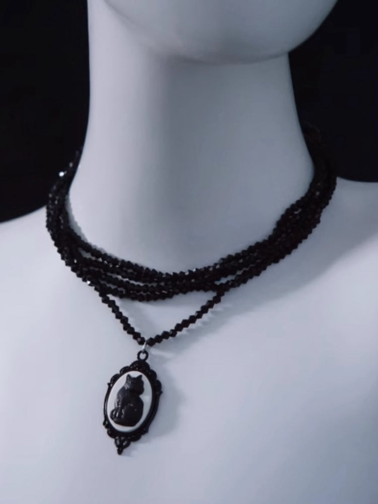 Vintage Black Cat Pendant Multi Layers Necklace