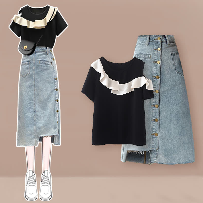 Irregular Flouncing T-Shirt Denim Skirt Pants