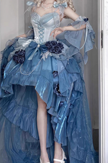 Sky Blue Sweet Ballet Lolita Swan Wonderland Embroidery Lace-Up Asymmetric JSK Dress