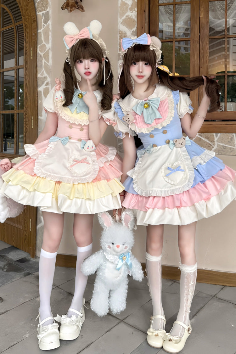 Cream Puffs Short Sleeve Layered Ruffle Bow Sweet Lolita Gown in Yellow Pink