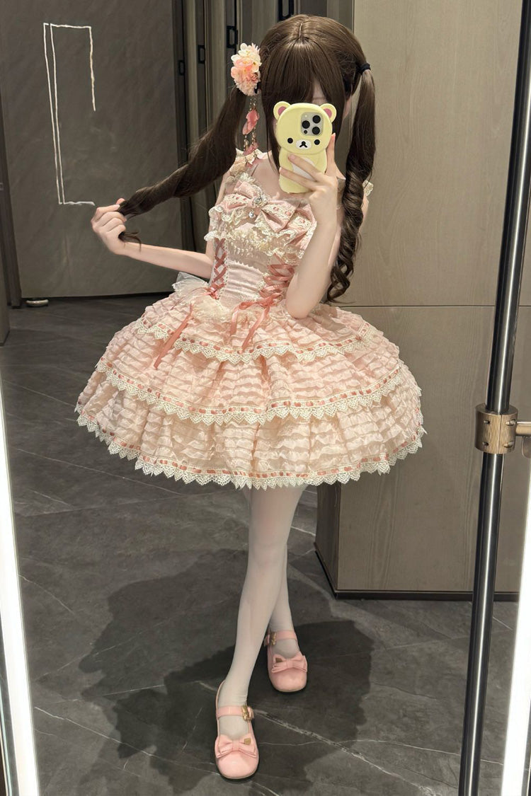 Pink Floral Letters Song Sleeveless Triple-Layered Bow Lace-Up Sweet Lolita Jsk Dress
