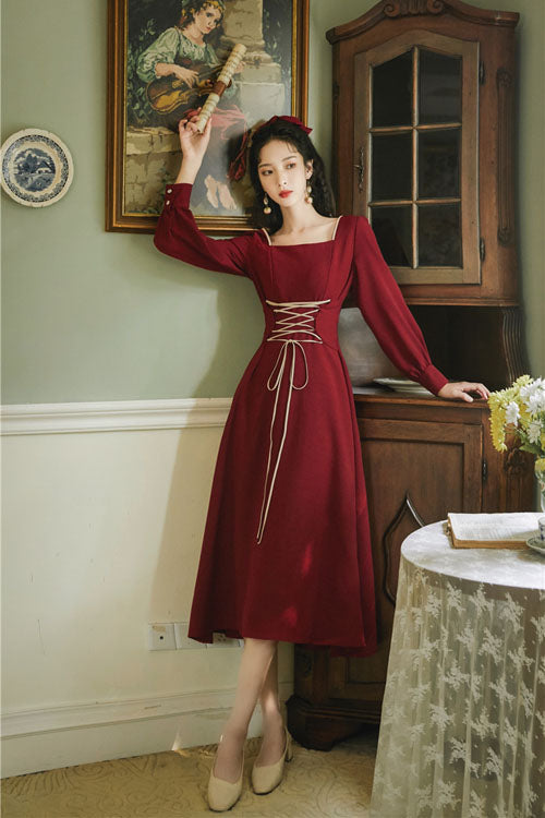 Wine Classic OP Dress Lolita European Manor Square Collar - Altfashion Shop
