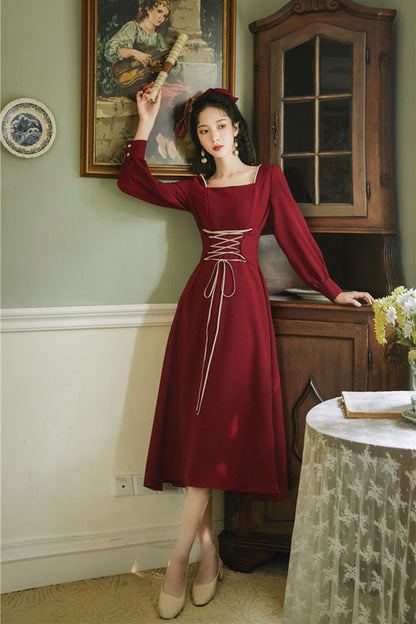 Wine Classic OP Dress Lolita European Manor Square Collar - Altfashion Shop