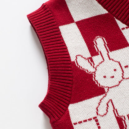 Vest Dress Pleated Bunny Print Shirt Lattice Set