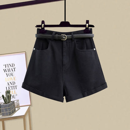 T-Shirt Stripe Denim Pocket Shorts Top Crop