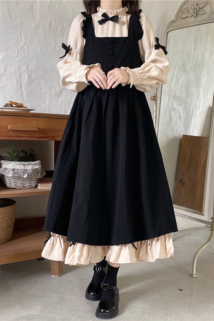 Black/Apricot Sweet Lolita Japanese Puff-Sleeved Ruffle Bowknot Dress