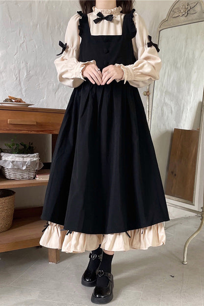 Black/Apricot Sweet Lolita Japanese Puff-Sleeved Ruffle Bowknot Dress