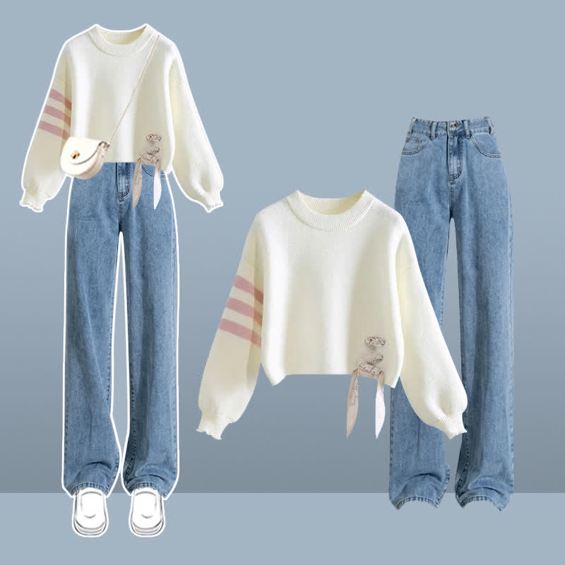 Sweet Stripe Sleeve Sweater Letter Casual Denim Pants