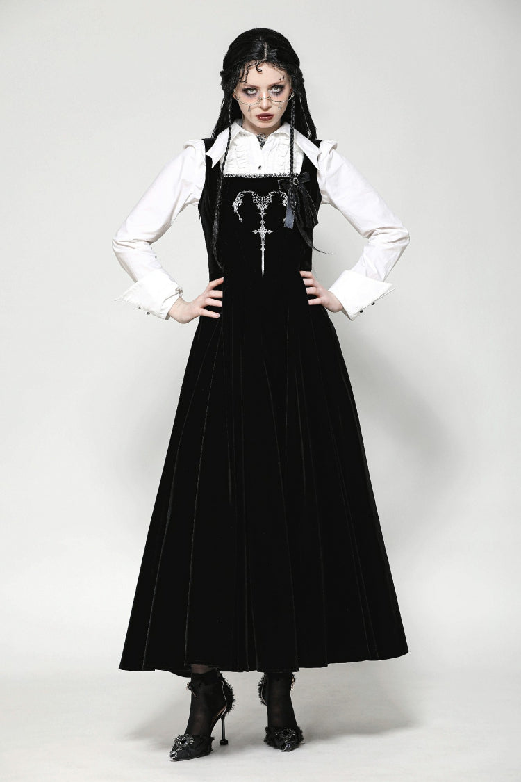 Gothic Women's Velvet Maxi Dress with Embroidered Horns and Lace-Up Back