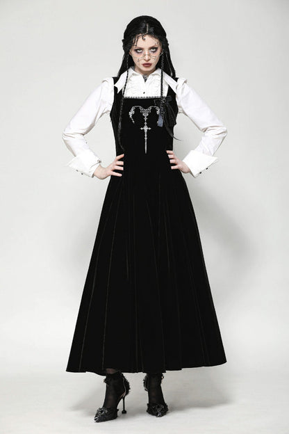 Gothic Women's Velvet Maxi Dress with Embroidered Horns and Lace-Up Back