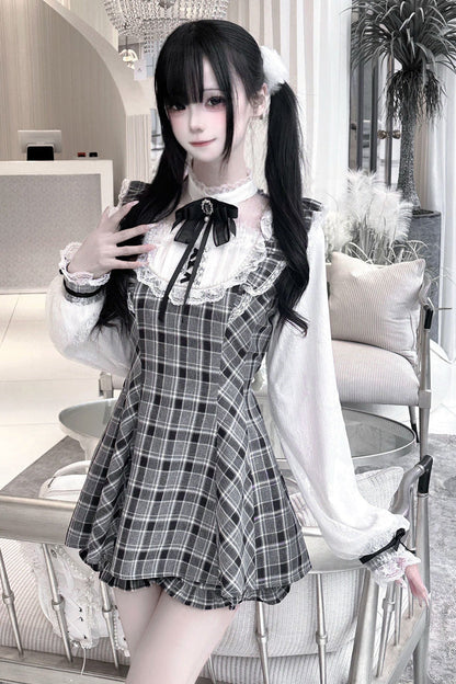 Print Bowknot Lace Gothic Jirai Kei Dress Set