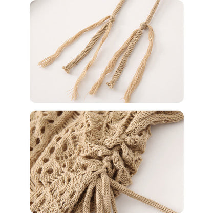 Boho Split Crochet Tassel Out Shirt Dress Hollow Belted