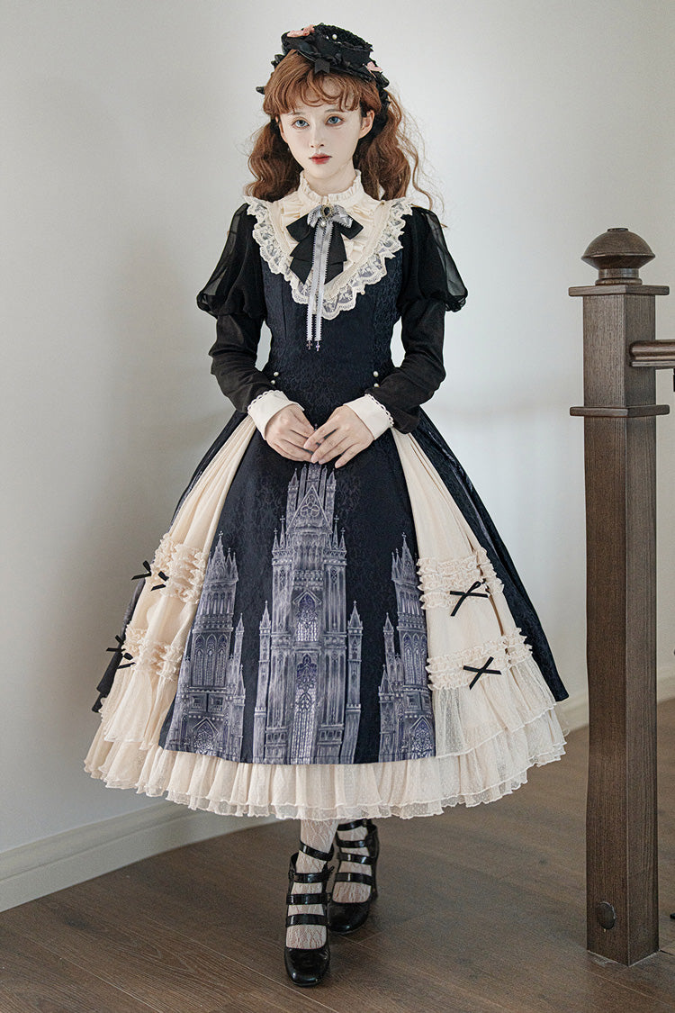 Black White Bell Print Ruffle Bow Lolita Dress