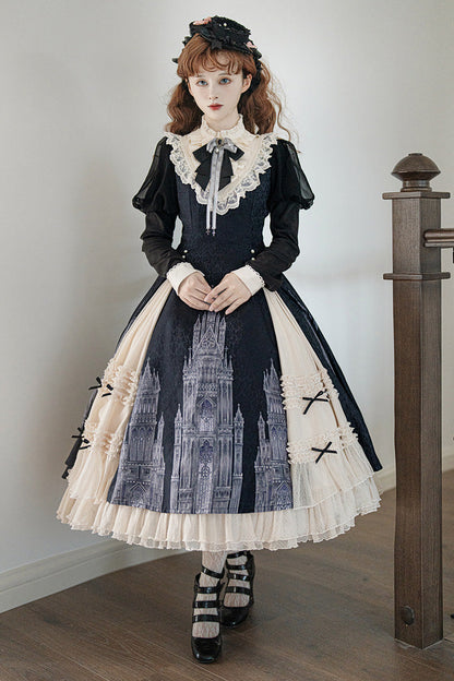 Black White Bell Print Ruffle Bow Lolita Dress