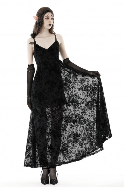 Maxi Rose Print Gothic Slip Dress with Lace-Up Back - NoirEdge