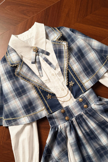 Lapel Long Sleeve Double Printed Ruffled Bow Japanese Lolita Skirt Set