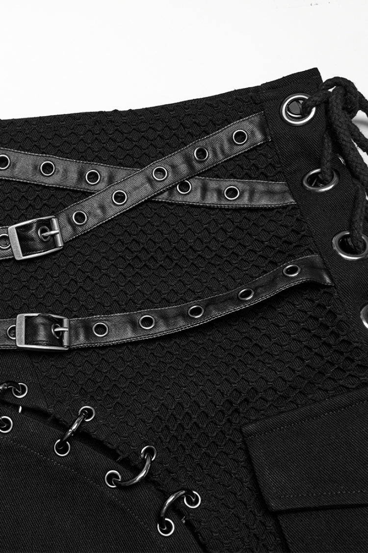 Gothic Men's Kilt with Faux Leather Stitching Lace-Up and Irregular Mesh