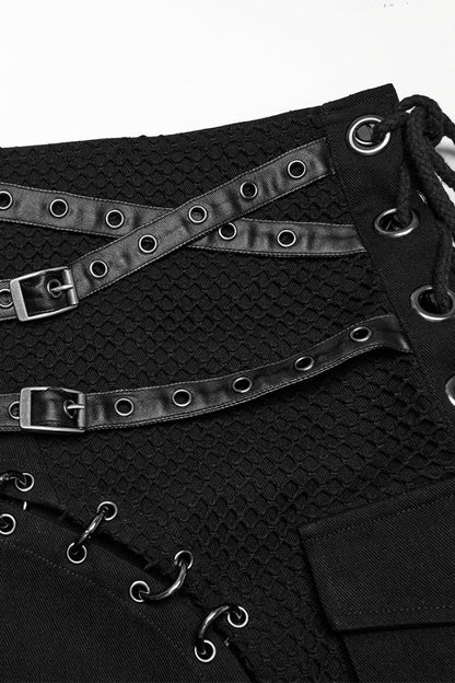 Gothic Men's Kilt with Faux Leather Stitching Lace-Up and Irregular Mesh