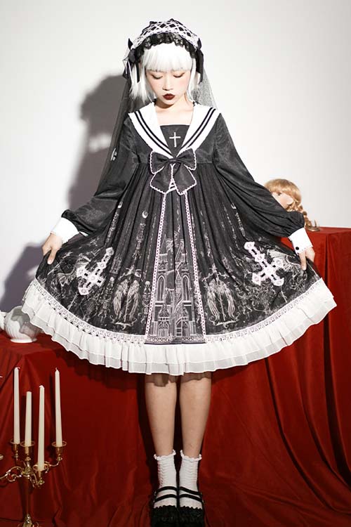 Black Gothic Lolita OP Dress with Cross Print and Chest Bow