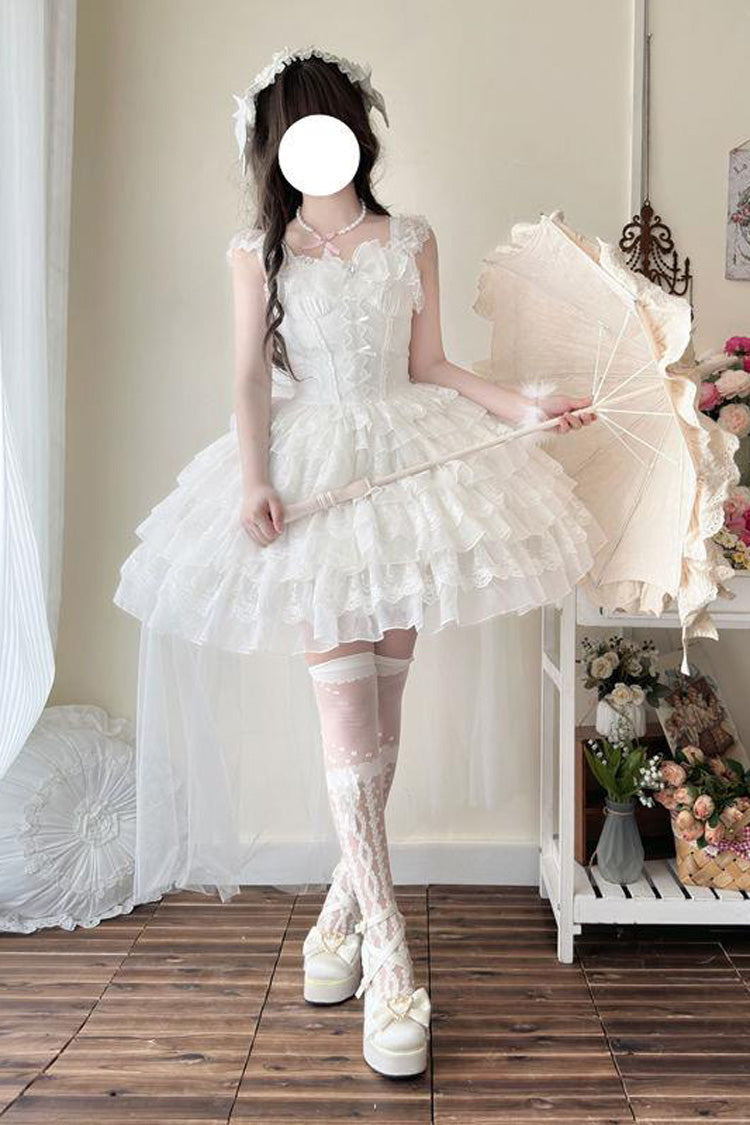White Broken Wings Rebirth Sleeveless Multi-Layered Ruffle Bow Lace-Up Gothic Ballet Lolita Jsk Dress
