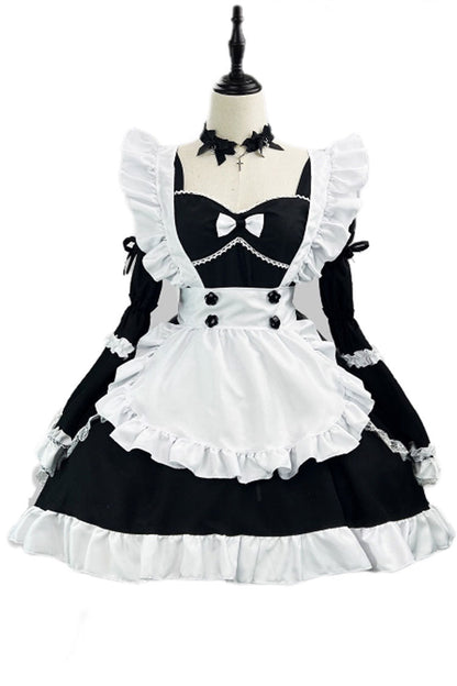 Black White Maid Long Hime Sleeve Ruffle Bow Sweet Plus Size Lolita Dress Full Set