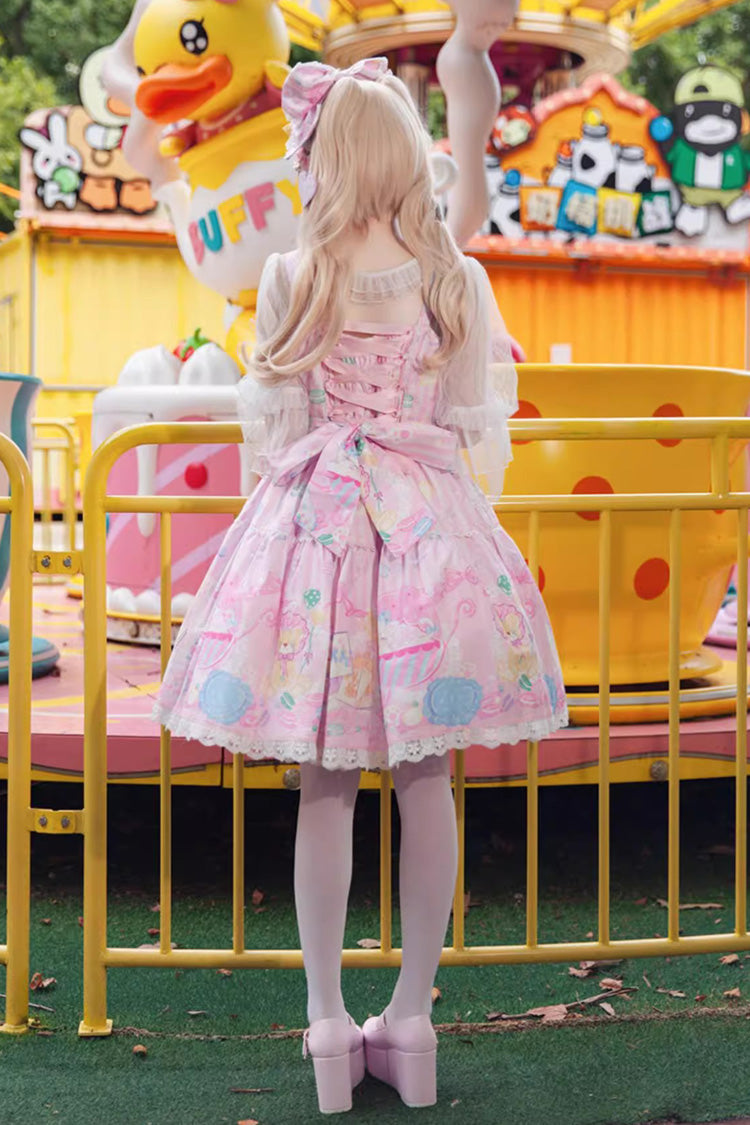 Pink Sleeveless Print Bow Sweet Lolita Jumper - Macaron Dolly House