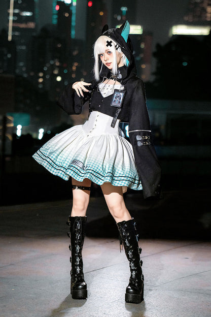 Black and Ivory Electronic Cat Print Future Suit Gothic Cool Lolita Dress