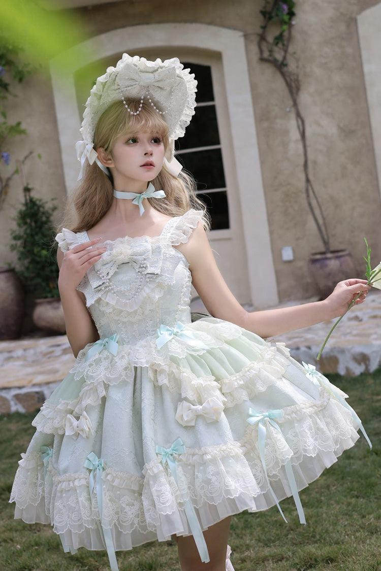 Green Blossoming Heart Love Sleeveless Dark Jacquard Print Bow Lace Sweet Lolita Jsk Dress