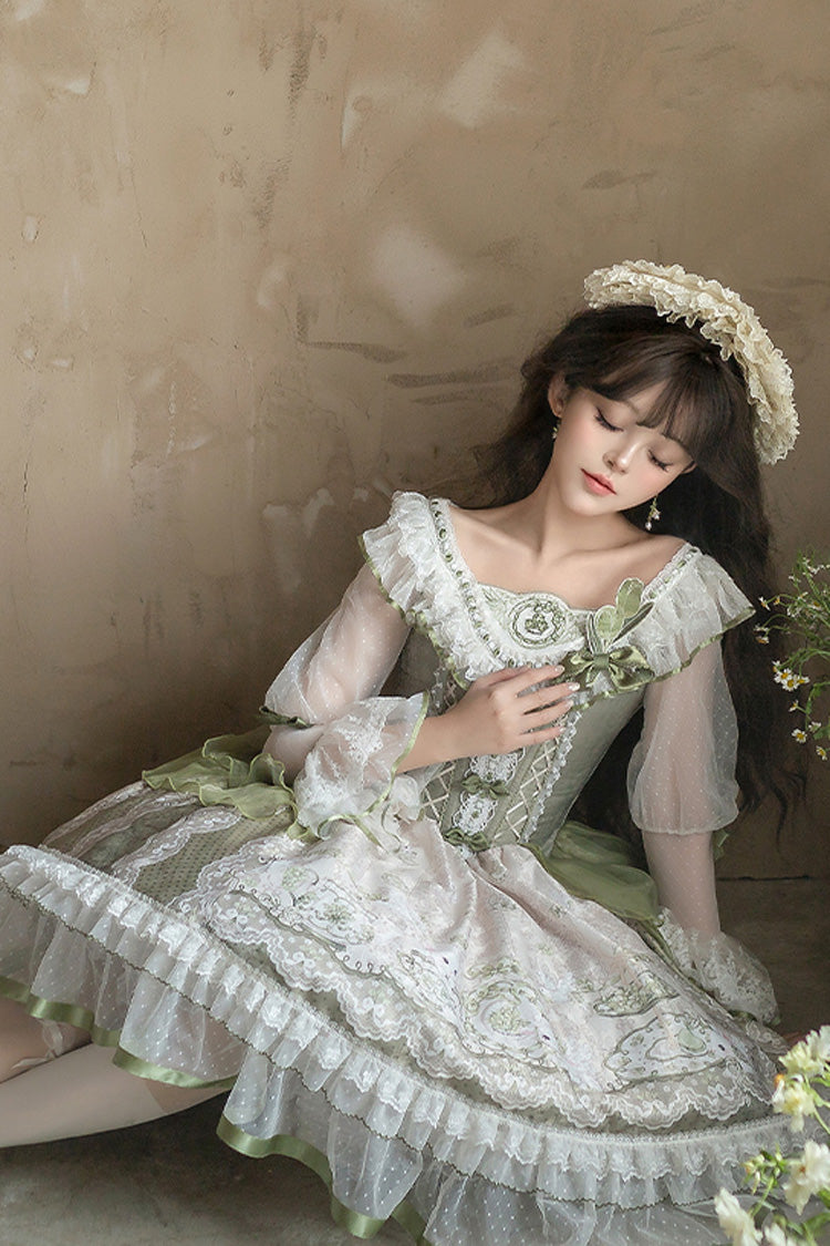 Emerald Lace-Up Bow Lolita OP Dress - Teacup Rabbit