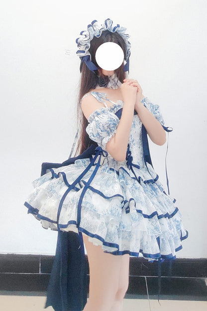 Blue White Sleeveless Multi-Layered Print Bowknot Fishbone Sweet Classic Chinese Style Lolita Jsk Short Dress