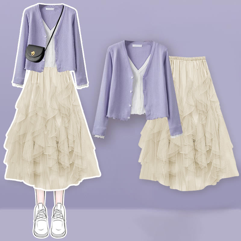 Shirt Fake Colorblock Skirt Tulle Set Tiered