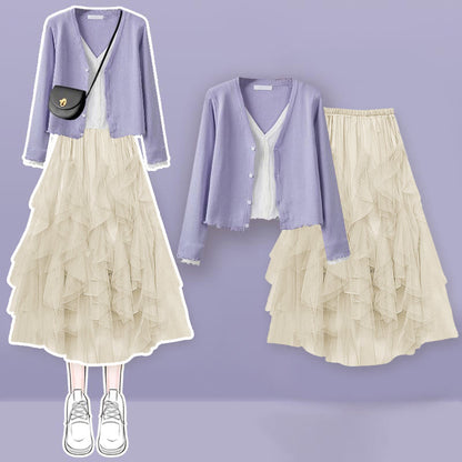 Shirt Fake Colorblock Skirt Tulle Set Tiered