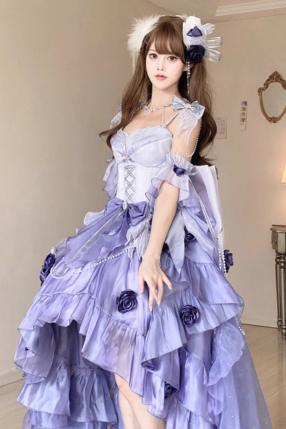 Misty Purple Sweet Ballet Lolita Swan Wonderland Embroidery Lace-Up Asymmetric JSK Dress