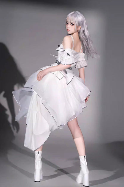 Asymmetric Futuristic Punk Jumper Dress Set - White Silver Wings
