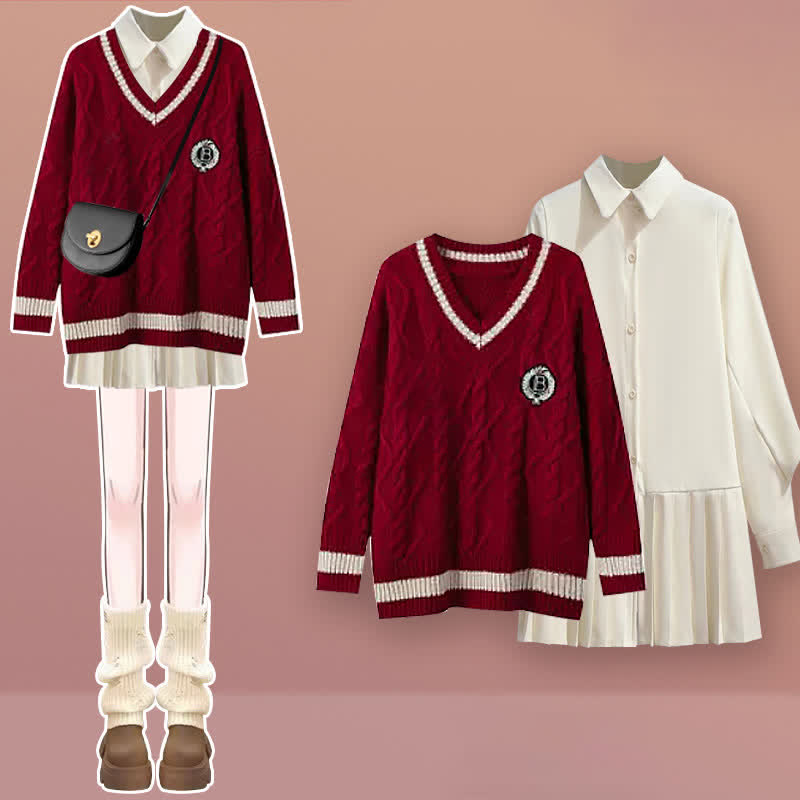 Shirt Sweater Cable Pleated Dress Red Set