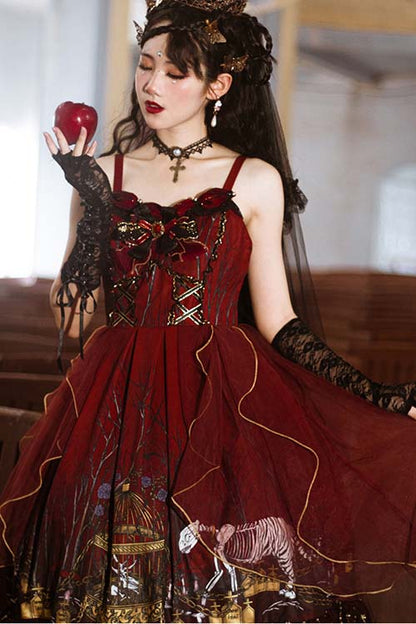 Red Chiffon Gothic Lolita JSK Dress with Forest Motif