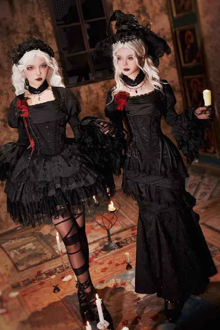 Gothic Lolita Skirt with Multi-Layered Jacquard and Ruffled Witch Design