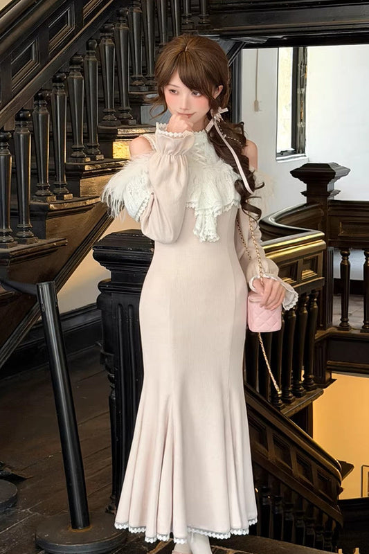 Rose Stand Collar Off-Shoulder Long Sleeve Lace Sweet Japanese Elegant Lolita Mermaid Gown - Little Love Song