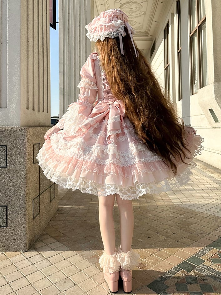 Pink Bow Accents High Waist Sweet Princess Lolita Dress with Detachable Sleeves