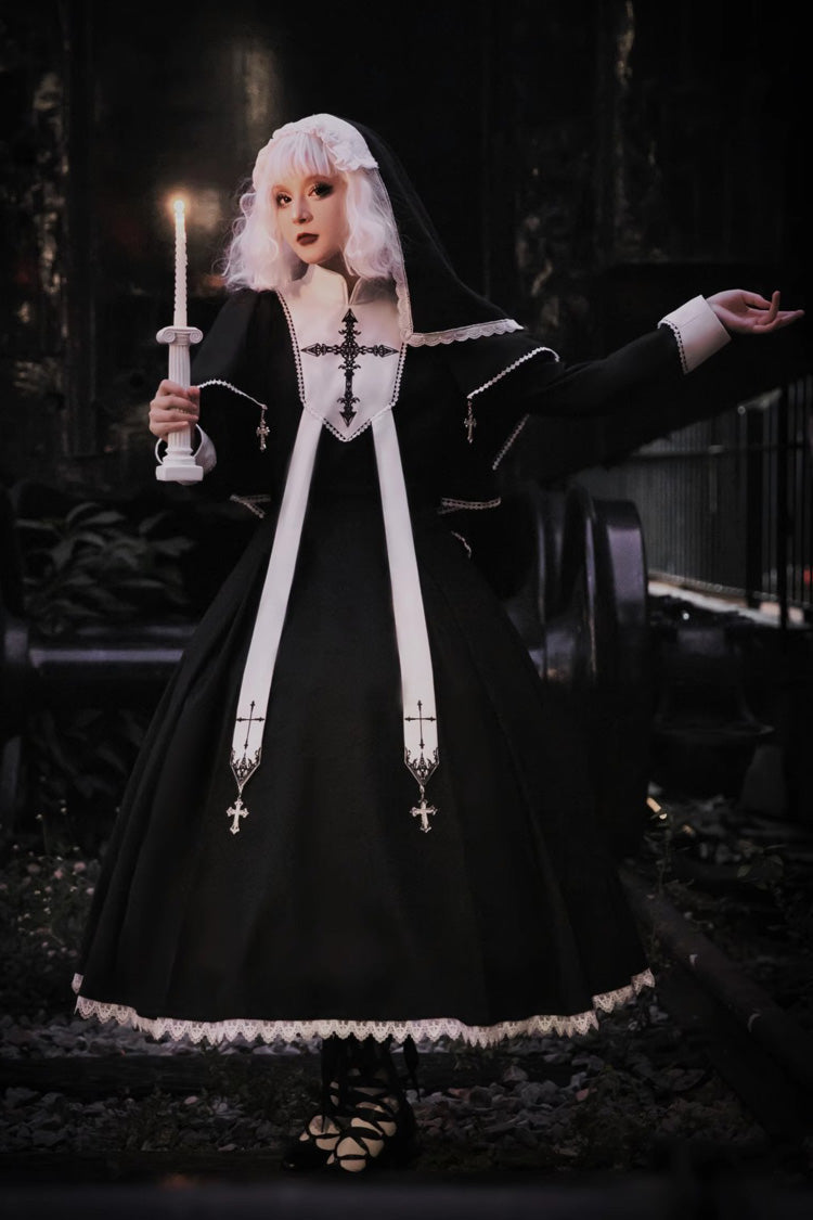 Elegant Lace-Stitched Long-Sleeve Gothic Gown