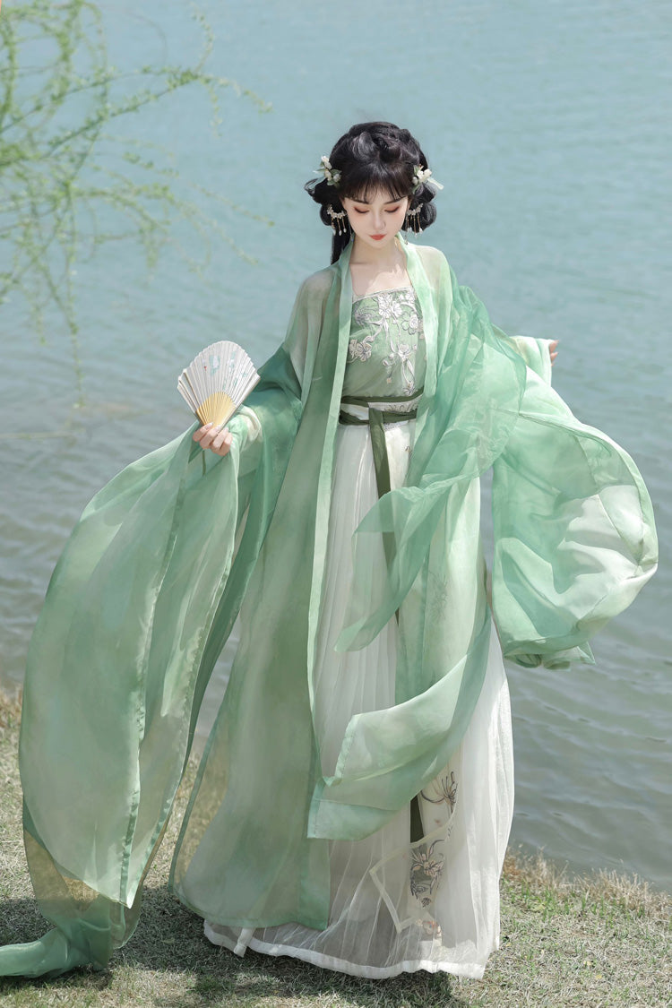 Emerald Qingdie Song Dynasty Ruffle Embroidery Chinese Hanfu Full Set