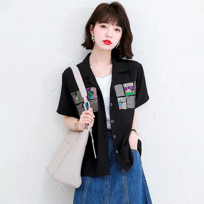 Denim Skirt Laple T-Shirt Embroidery Loose