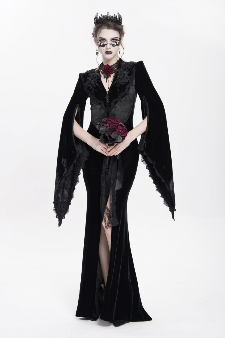 V Collar Trumpet Sleeve Floral Embroidered Velvet Gothic Dress
