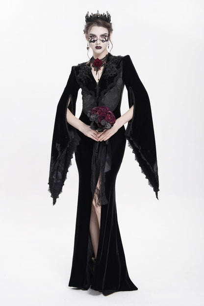 V Collar Trumpet Sleeve Floral Embroidered Velvet Gothic Dress