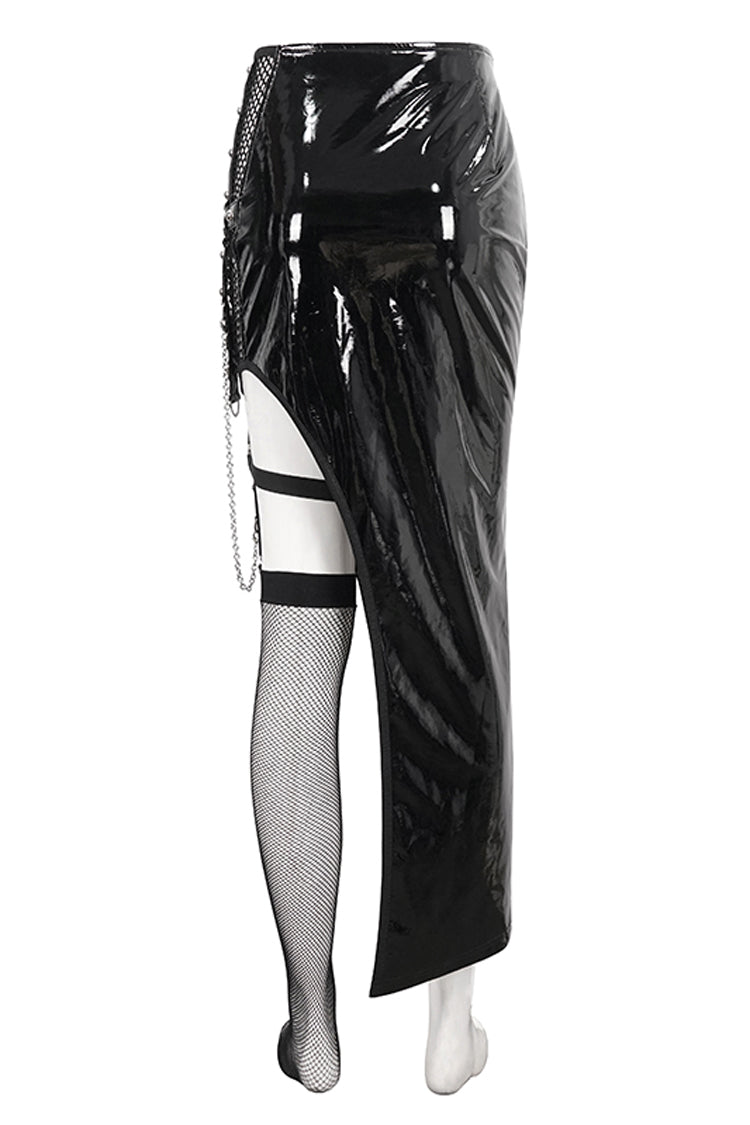Patent Leather Asymmetric Black Punk Skirt with Mesh Stocking