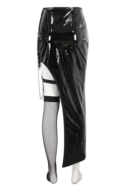 Patent Leather Asymmetric Black Punk Skirt with Mesh Stocking