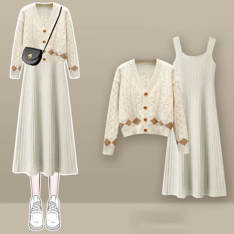 Sweater Slip Dress Rhombus Set Print Cardigan